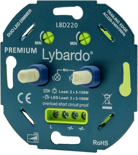 Duo dimmer LED - Met afdekplaat - 2 x 3-75W - Elektronische zekering - Universeel - Inbouw - Lybardo