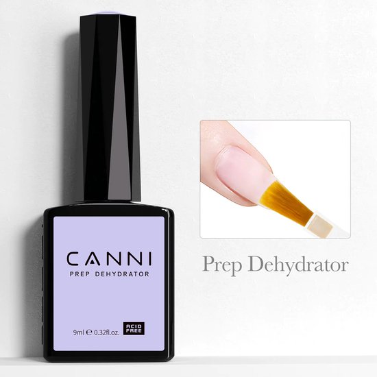 CANNI Prep Dehydrator, 9ml. Paarse fles met zwarte dop. Op de foto wordt de dehydrator op een nagel aangebracht met een kwastje.