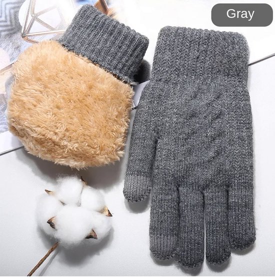 Extra dikke hoogwaardige kwaliteit fleece gevoerde gebreide winter touchscreen handschoenen, Grijs, Onesize. extra fleecevoering,