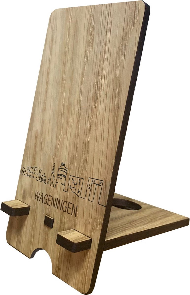Skyline Telefoonhouder Wageningen Eikenhout - Smartphone Tablet Houder 7x15 cm - iPad / iPhone / Smartphone tafel standaard desktop - Thuis werken - Cadeau - WoodWideCities