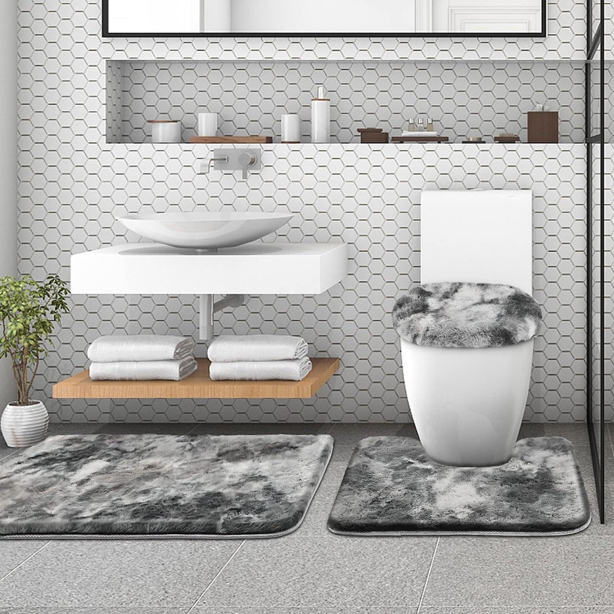 3 stuks grijs badkamer matten set antislip badmatten wasbaar zachte badkamer vloermatten konijnenbont Shaggy absorberend badkamer tapijt set, badtapijt+toiletdeksel deksel+U-vormige contour voetstuk mat (grijs)