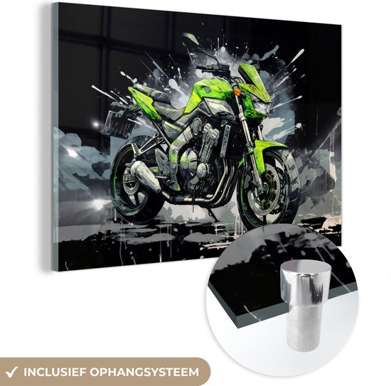 MuchoWow® Glasschilderij 150x100 cm - Schilderij glas - Motor - Bike - Groen - Zwart - Grijs - Graffiti - Foto op acrylglas - Schilderijen