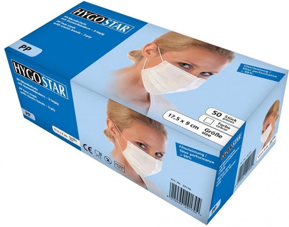 Hygostar mondmasker medisch 3-laags wit 50 stuks met oorelastiek - Hygostar