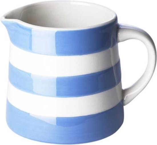 Wit keramiek met horizontale blauwe strepen.