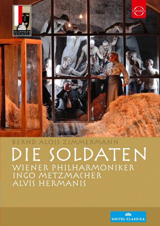 Poster voor 'Die Soldaten' met een scène uit de opera. Een groep soldaten kijkt door een raam, met op de voorgrond een vrouw.