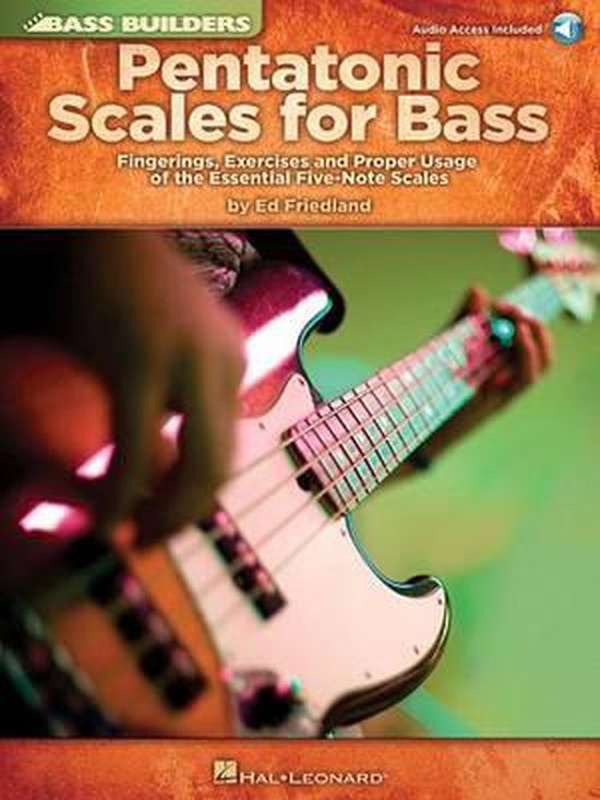 Livre intitulé Pentatonic Scales for Bass, avec un gros plan sur une personne jouant de la guitare basse.