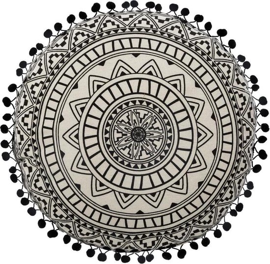 Kussen Rond Katoen - Sierkussen Rond  - Mandala - Zwart-Wit - Diameter 40 cm