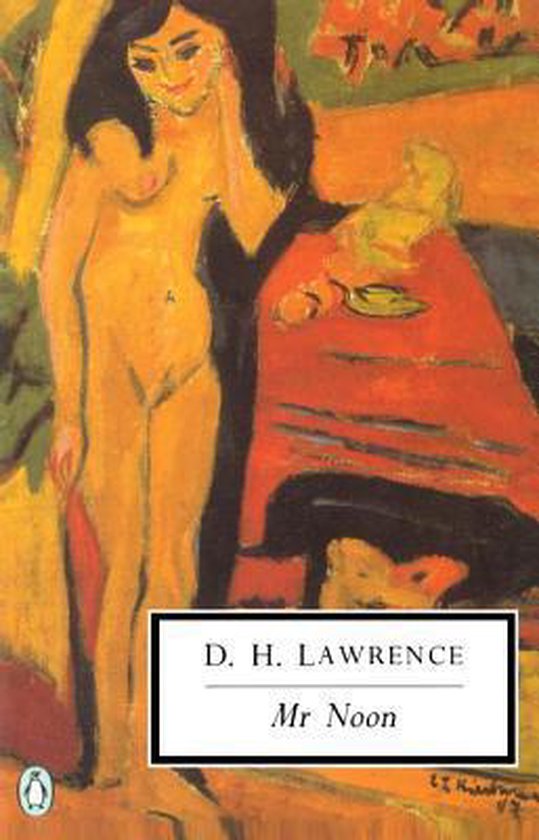 Boekcover van 'Mr Noon' van D. H. Lawrence, met een schildering van een vrouw in een zonnig landschap.