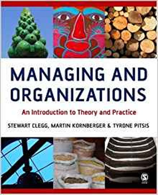 Boek 'Managing and Organizations' met een collage van een groene kerstboom, een kleurrijk gezicht en houtblokken.