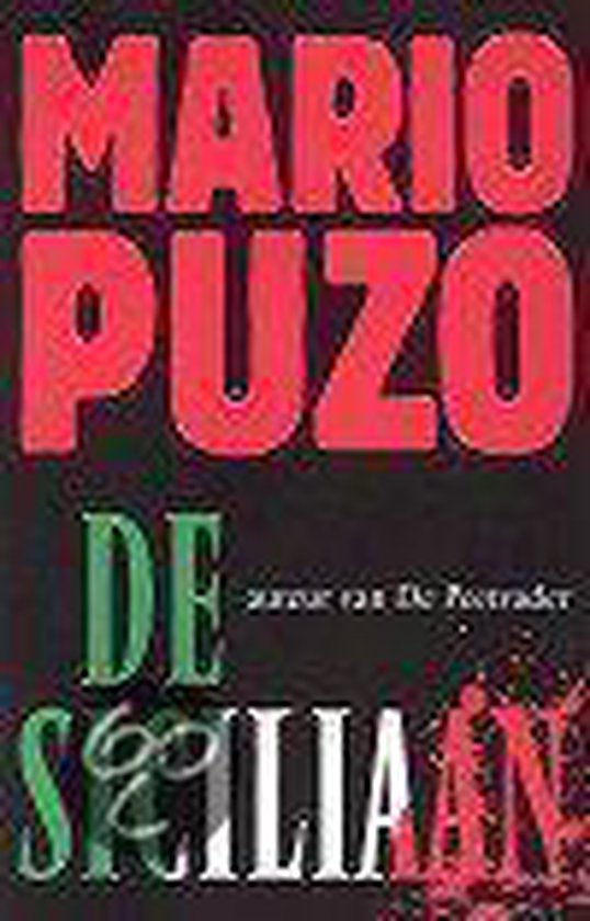 Livre "De Siciliaan" par Mario Puzo, avec des lettres rouges et vertes sur fond noir.