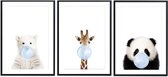 Babykamer/kinderkamer dieren posters - 3 stuks - 20x30 cm - IJsbeer, panda & giraf - Blauw