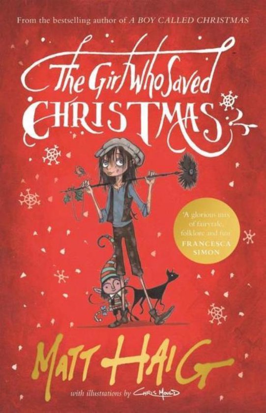 Couverture du livre 'The Girl Who Saved Christmas' sur fond rouge avec des flocons de neige. Un garçon et un elfe se tiennent à côté d'un chat noir.