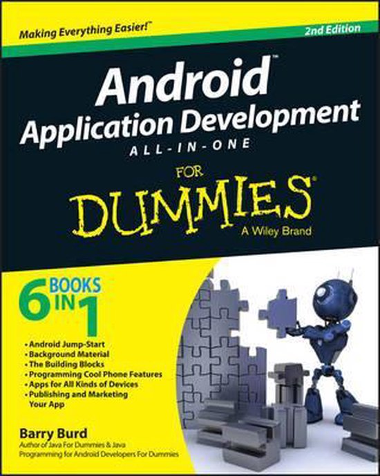 De Android Application Development All-in-One For Dummies 2e editie, met een blauwe robot die stukken puzzel monteert.