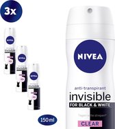 NIVEA Invisible For Black & White Clear - 3 x 150 ml - voordeelverpakking - Deororant Spray
