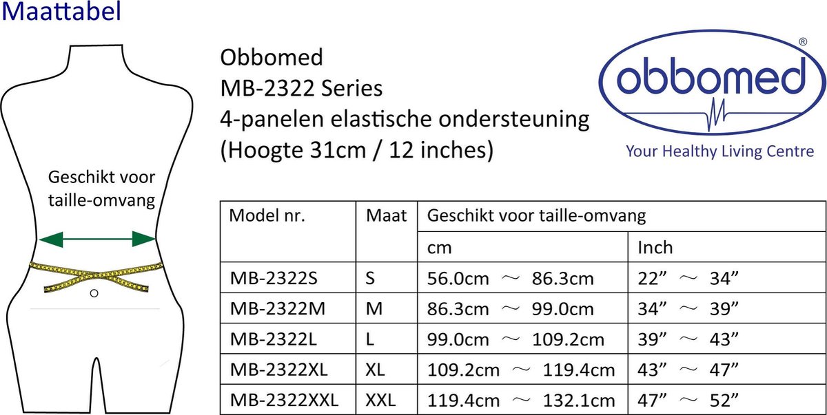 Goedkoopste Elastische 4 banden bandage - voor extra steun en stevigheid aan de rug, buik en lenden - Maat S - Obbomed MB 2322NS