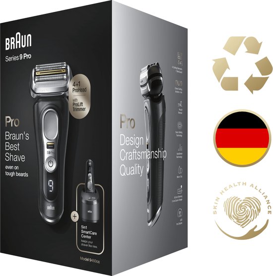 Braun Series 9 Pro 9460cc verpakking met scheerapparaat, SmartCare Center en ProLift trimmer.