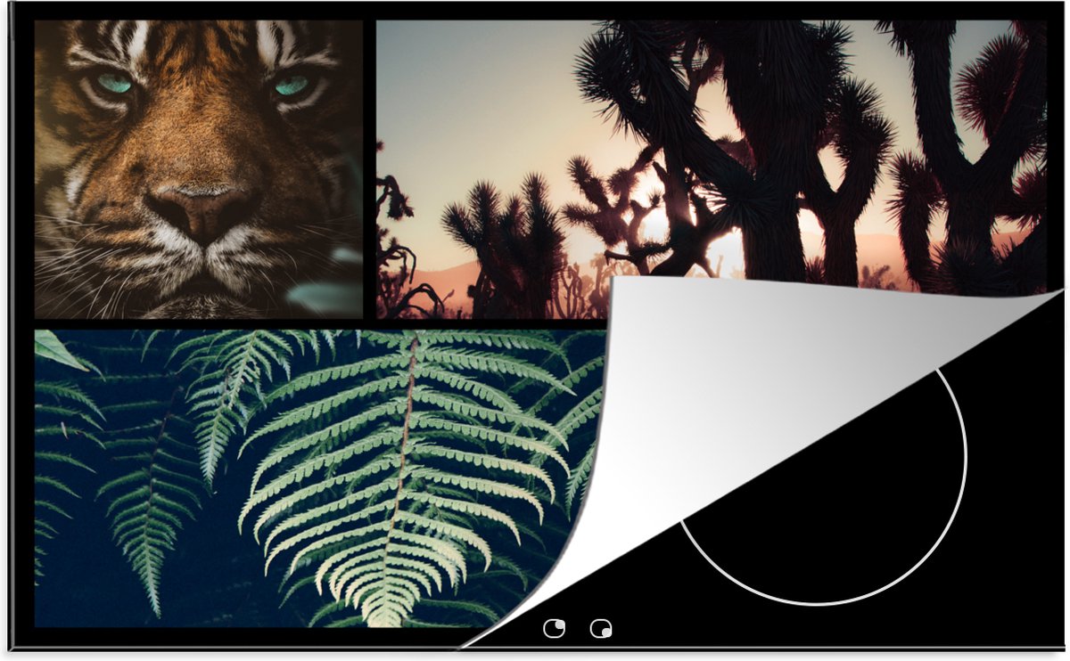 KitchenYeah® Inductie beschermer 78x52 cm - Collage - Tijger - Planten - Zonsondergang - Kookplaataccessoires - Afdekplaat voor kookplaat - Inductiebeschermer - Inductiemat - Inductieplaat mat