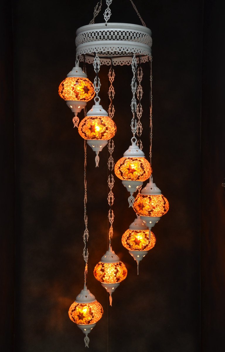 Hanglamp multicolour glas bruin mozaïek Oosterse lamp kroonluchter Crèmewit 7 bollen