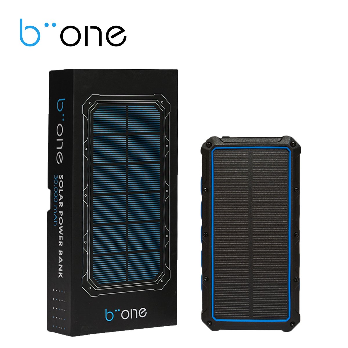 Biione Solar Powerbank – Oplaadbare Batterij 30.000 mAh – Geschikt voor iPhone Samsung Apple – Blauw