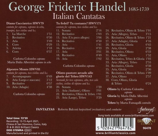 CD-boekje met de titel George Frideric Handel 1685-1759 Italian Cantatas, met tracklisting en namen van artiesten.