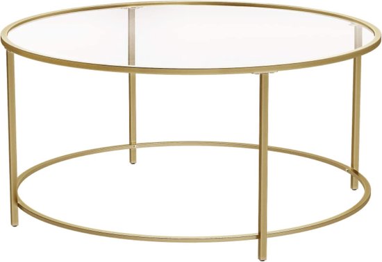 Salontafel, bijzettafel rond, koffietafel, 84 x 84 x 45,5 cm, glazen tafel met metalen frame, gehard glas, nachtkastje, sofatafel, voor balkon, goud LGT21G