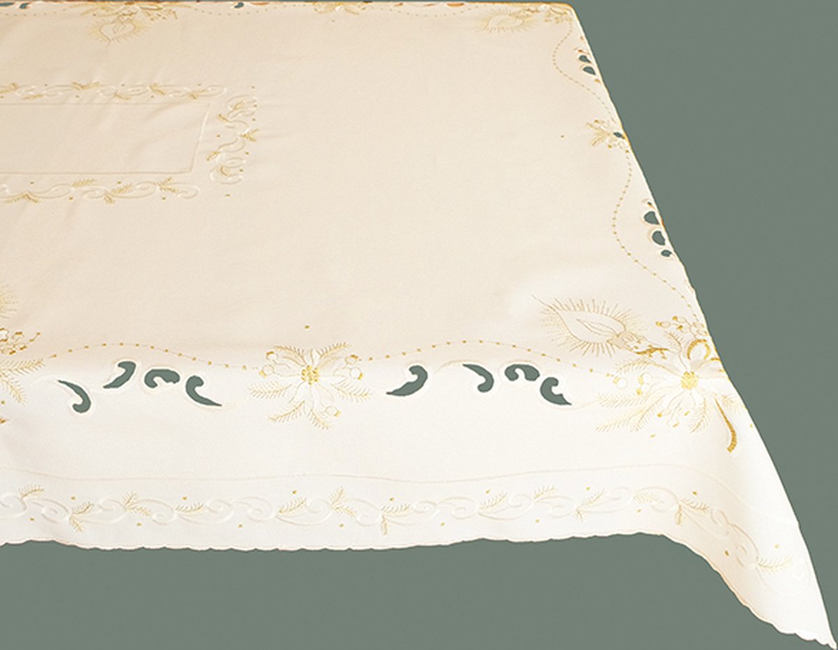 Tafelkleed - Kerst - Ecru - met kaars en kerstroos in gouddraad - 110 x 160 cm