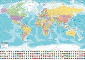 Wereldkaart met vlaggen poster - formaat 70 x 100cm - werelddelen - blauw