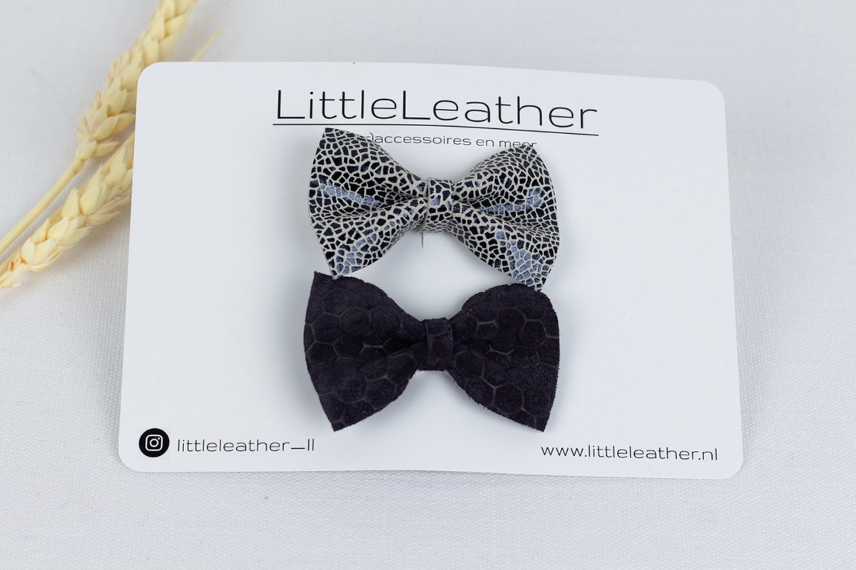 LittleLeather, Special Blue - Strik Julia, set van twee l Knip | Clipjes | Haaraccessoires | Strikjes | Haarclip | Baby | Leder | Meisjes | Echt leer |