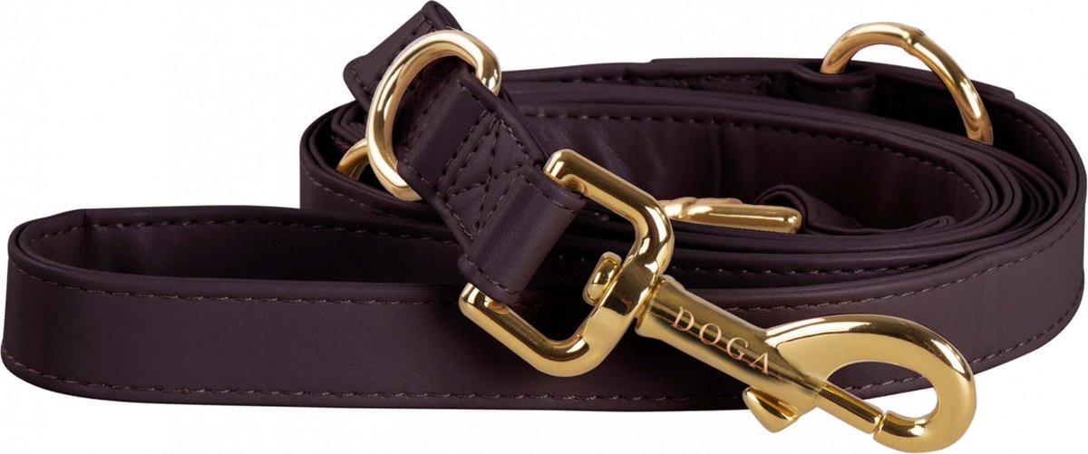 DOGA Hondenriem - Uitlaatriem - Bruin- Goud - Verstelbare riem - Lange lijn - Vegan leer - 200 cm - maat ML - bijpassende halsband en dispenser mogelijk