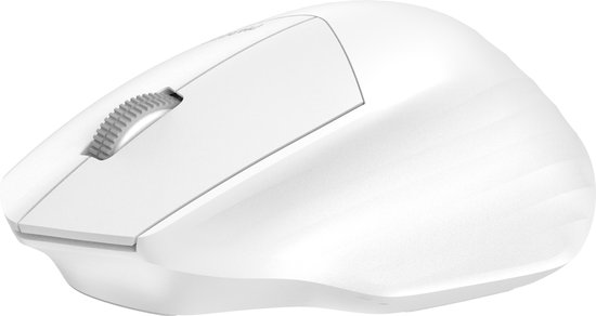 Witte draadloze muis met scrollwiel en stille klik, ergonomisch ontwerp.
