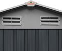 Front van een grijs metalen tuinhuis met twee ventilatieroosters en het Gardebruk logo bovenop.