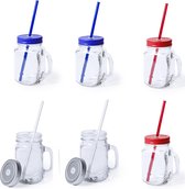 6x stuks Glazen Mason Jar drinkbekers met dop en rietje 500 ml - 2x zilver/2x blauw/2x rood - afsluitbaar/niet lekken/fruit shakes