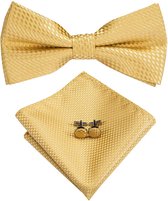 Vlinderdas inclusief pochet en manchetknopen – 100% zijden – ruit – goud - Sorprese - vlinderstrik - strik - pochette – heren
