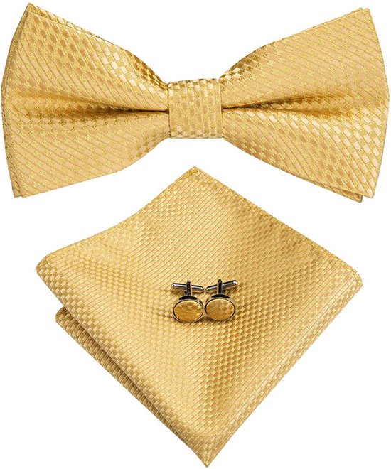 Vlinderdas inclusief pochet en manchetknopen – 100% zijden – ruit – goud - vlinderstrik - strik - pochette – heren - Cadeau