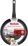 Zwarte Tefal Easy Cook & Clean koekenpan met verpakking. Tekst: '100% makkelijk schoon te maken'.