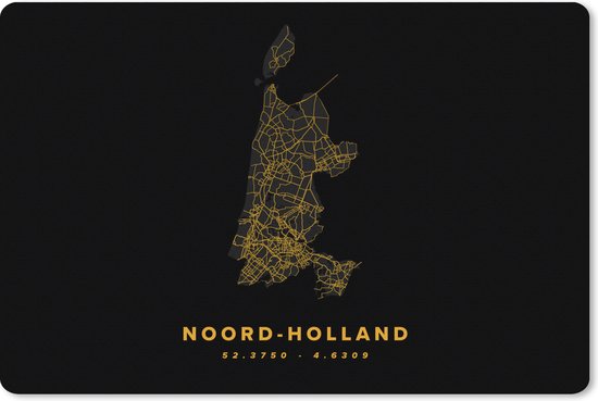 Zwarte muismat met een gele kaart van Noord-Holland met coördinaten.