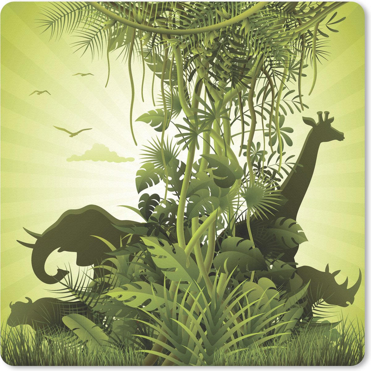 Muismat XXL 40x40 cm - Bureau onderlegger - Bureau mat Groene illustratie van Afrika met wilde dieren - Bureaumat - Gaming mousepad xl - Bureaulegger groot - Computer deskmat