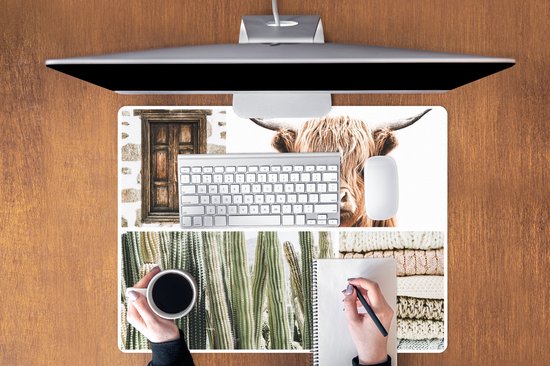 Muismat XXL 80x60 cm - Bureau onderlegger - Bureau mat Schotse hooglander - Cactus - Hout - Bureaumat - Gaming mousepad xl - Bureaulegger groot - Computer deskmat
