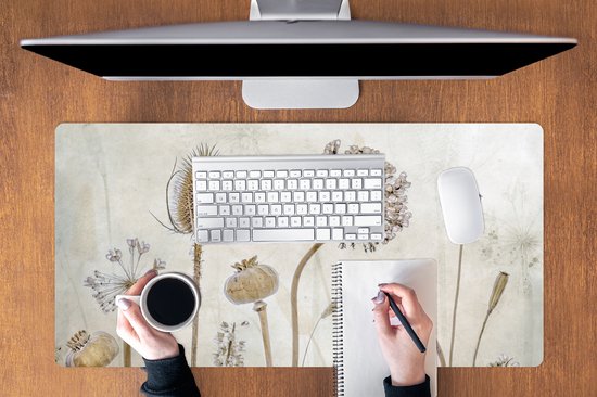 Tapis de souris XXL - Sous-main - Tapis de bureau - Fleurs - Aquarelle - Nature morte - Marron - Vintage - 100x50 cm - Tapis de souris XXL