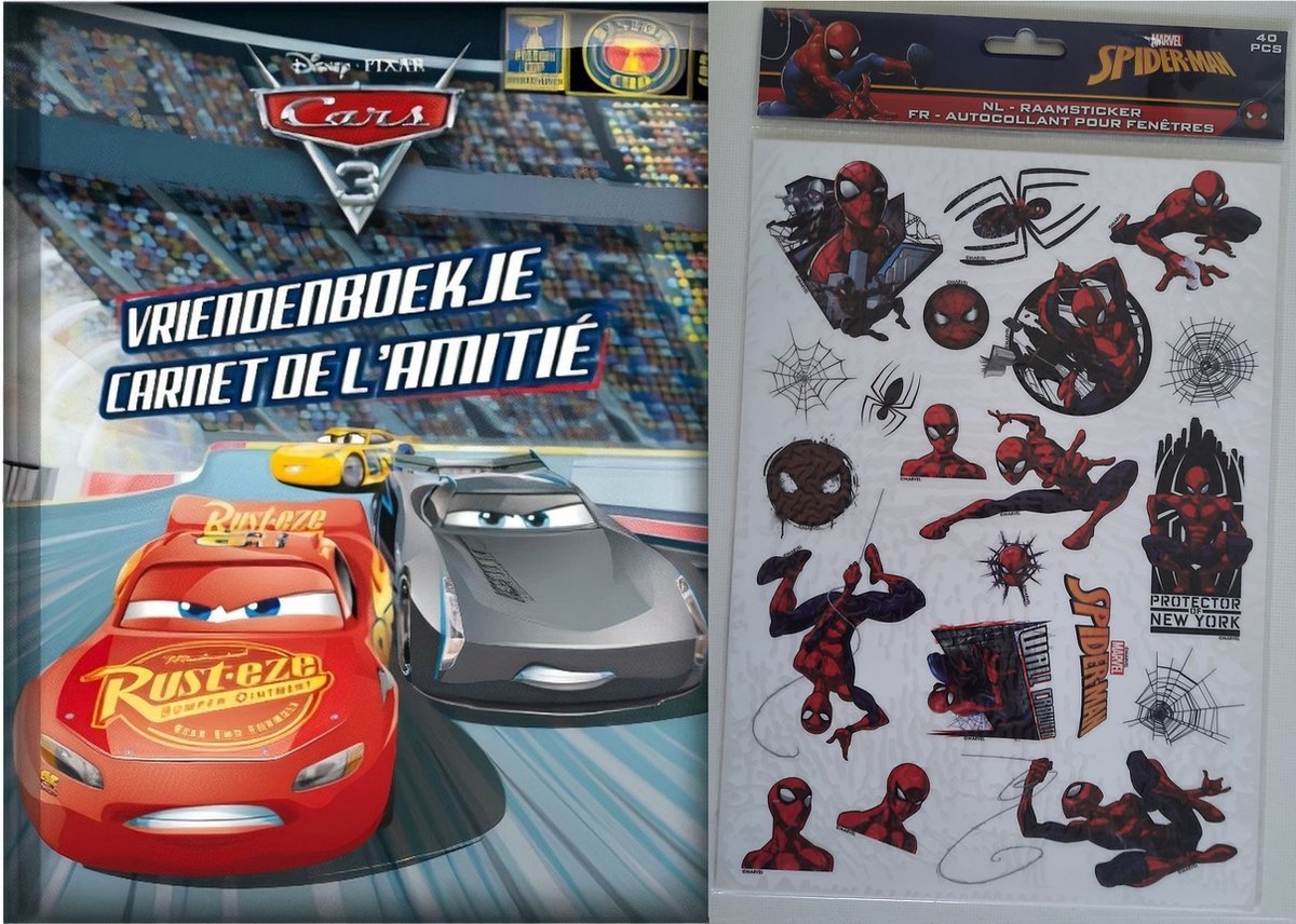 Cars 3 - Vriendenboekje + Spiderman 40 raamstickers.