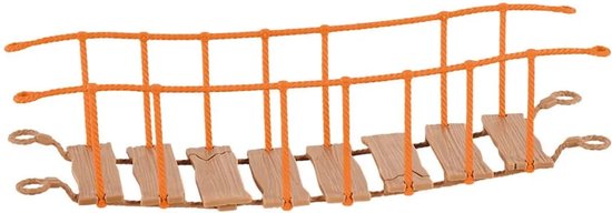 Oranje touwen hangbrug met houten planken en bruine laspunten, speelgoed.