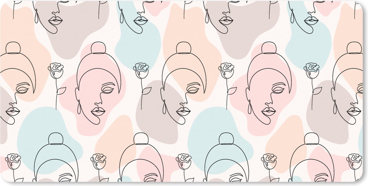 Muismat XXL - Bureau onderlegger - Bureau mat - Vrouw - Bloemen - Line Art - Pastel - Patroon - 100x50 cm - XXL muismat