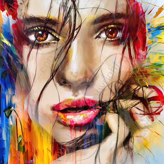 JJ-Art, Femme abstraite, chapeau rouge, yeux et lèvres rouges dans un  style pop art /