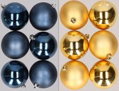 12x stuks kunststof kerstballen mix van donkerblauw en goud 8 cm - Kerstversiering