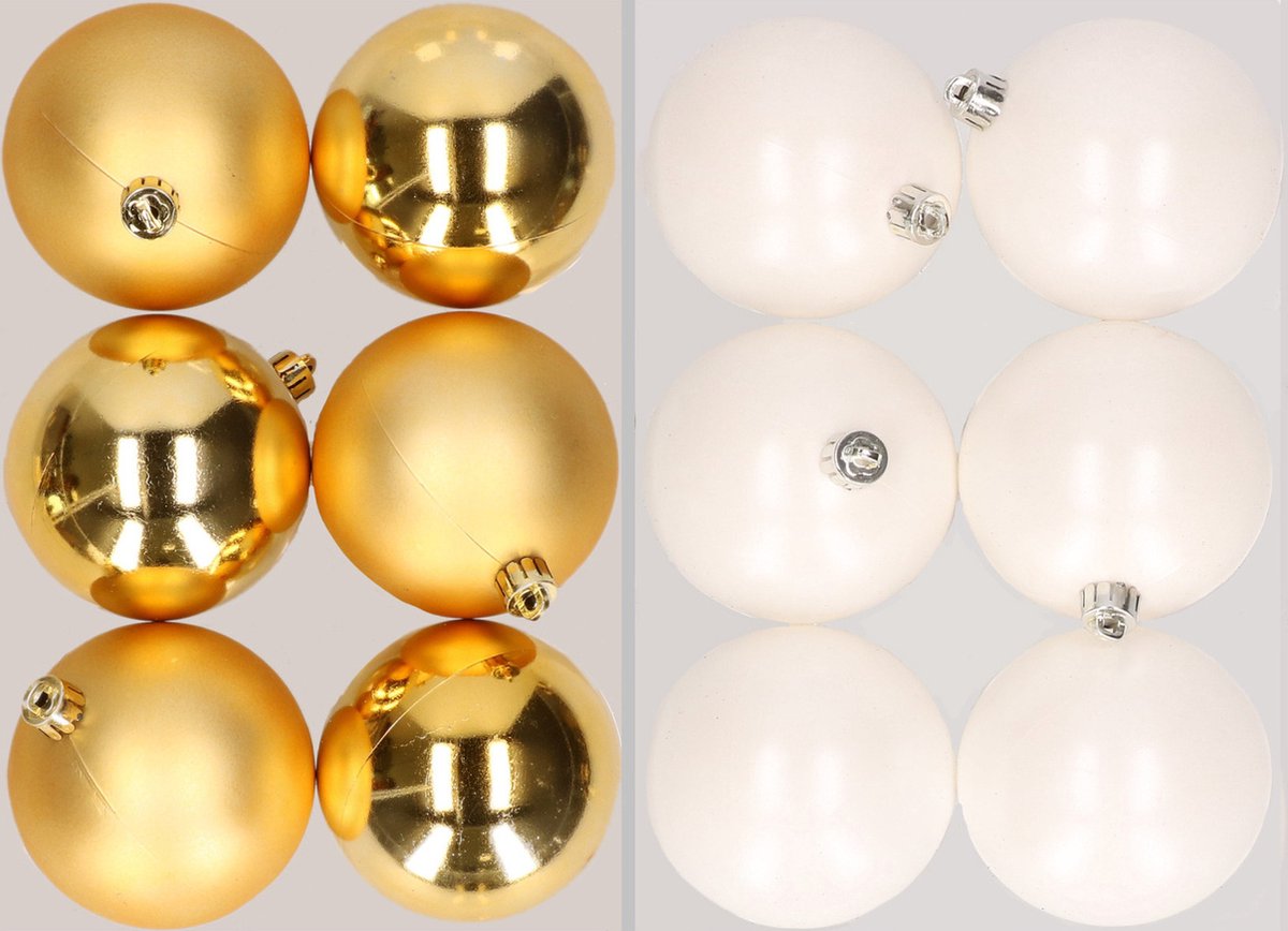12x stuks kunststof kerstballen mix van goud en winter wit 8 cm - Kerstversiering