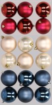 18x stuks kunststof kerstballen mix van donkerblauw, champagne en donkerrood 8 cm - Kerstversiering