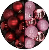 24x stuks kunststof kerstballen mix van donkerrood en roze 6 cm - Kerstversiering