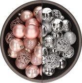 74x stuks kunststof kerstballen mix van lichtroze en zilver 6 cm - Kerstversiering