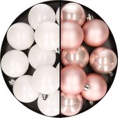 24x stuks kunststof kerstballen mix van wit en lichtroze 6 cm - Kerstversiering