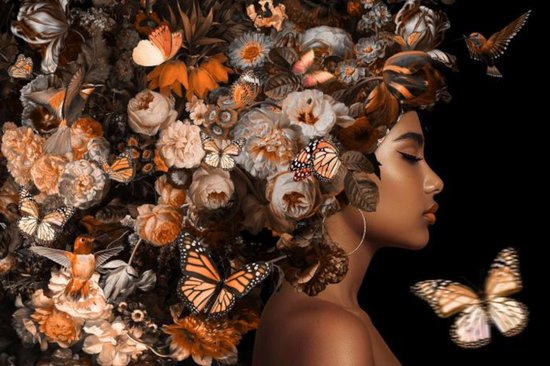 glasschilderij -  vrouw - zijaanzicht - gezicht  met bloemen en vlinders - 120x80 - warme oranje bruine tinten